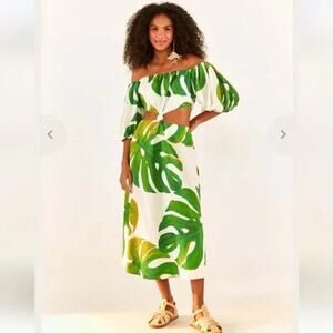 FARM Rio Monstera Cutout Waist Linen blend Midi Dress in Green L